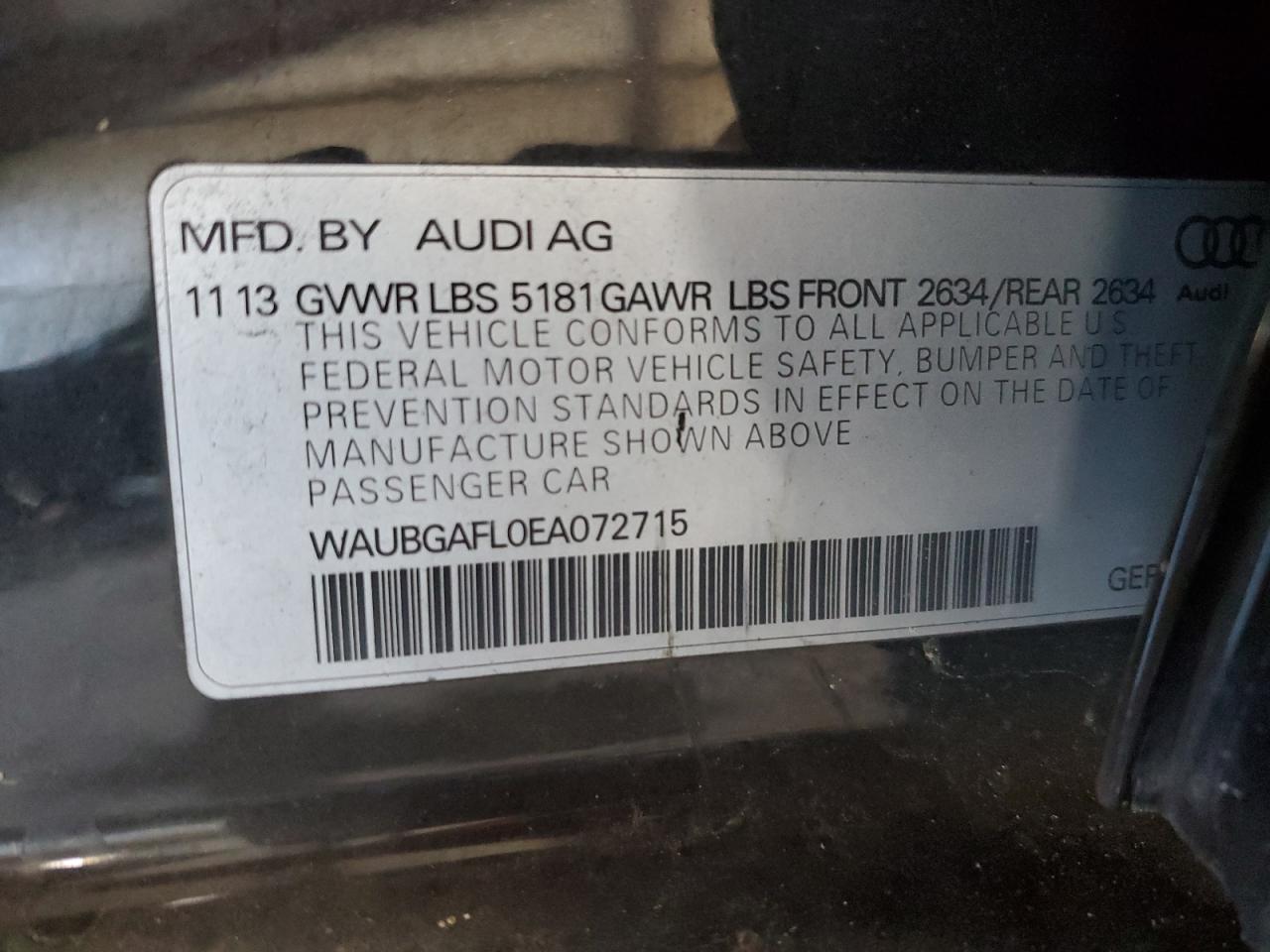 2014 Audi S4 Premium Plus VIN: WAUBGAFL0EA072715 Lot: 86776705