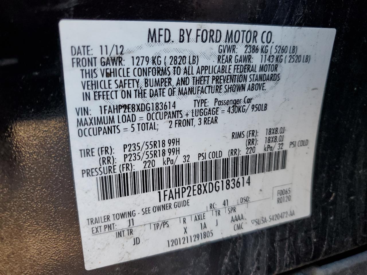2013 Ford Taurus Sel VIN: 1FAHP2E8XDG183614 Lot: 89467355