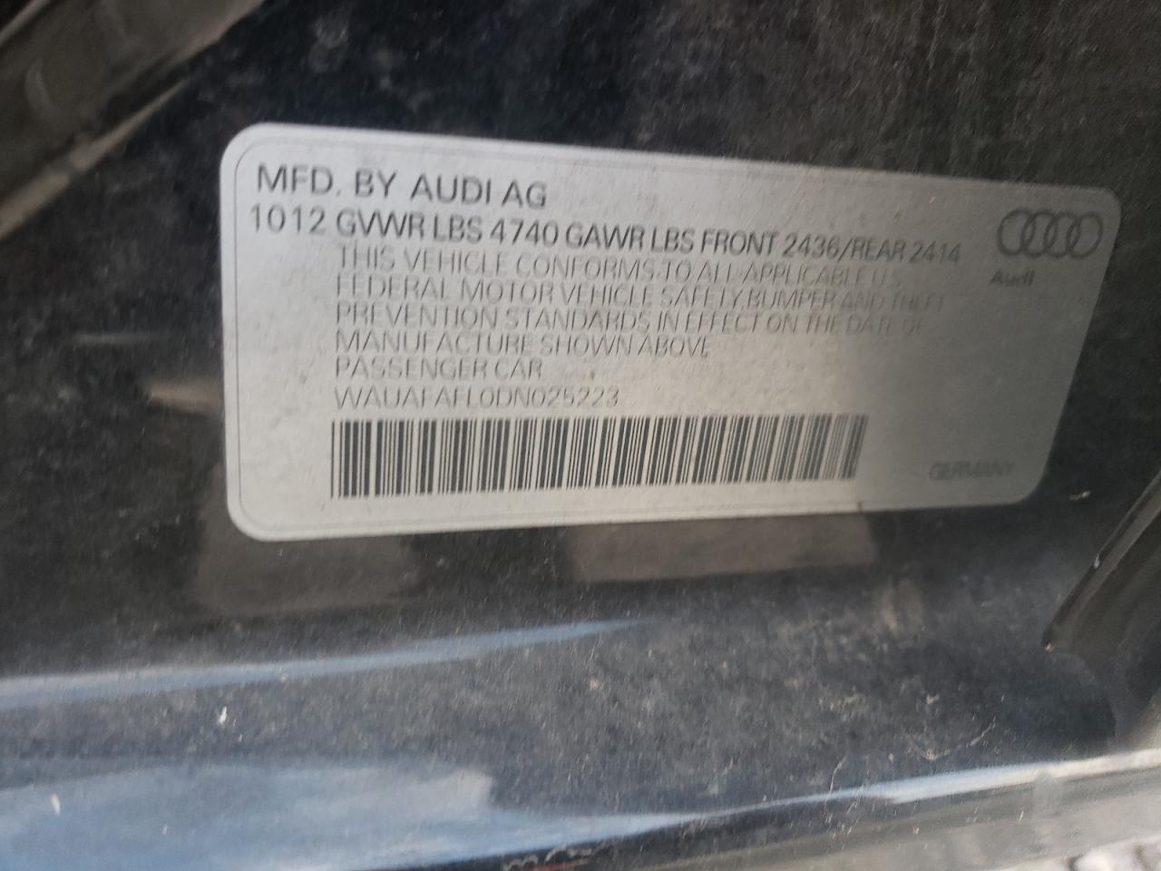 2013 Audi A4 Premium VIN: WAUAFAFL0DN025223 Lot: 85531505