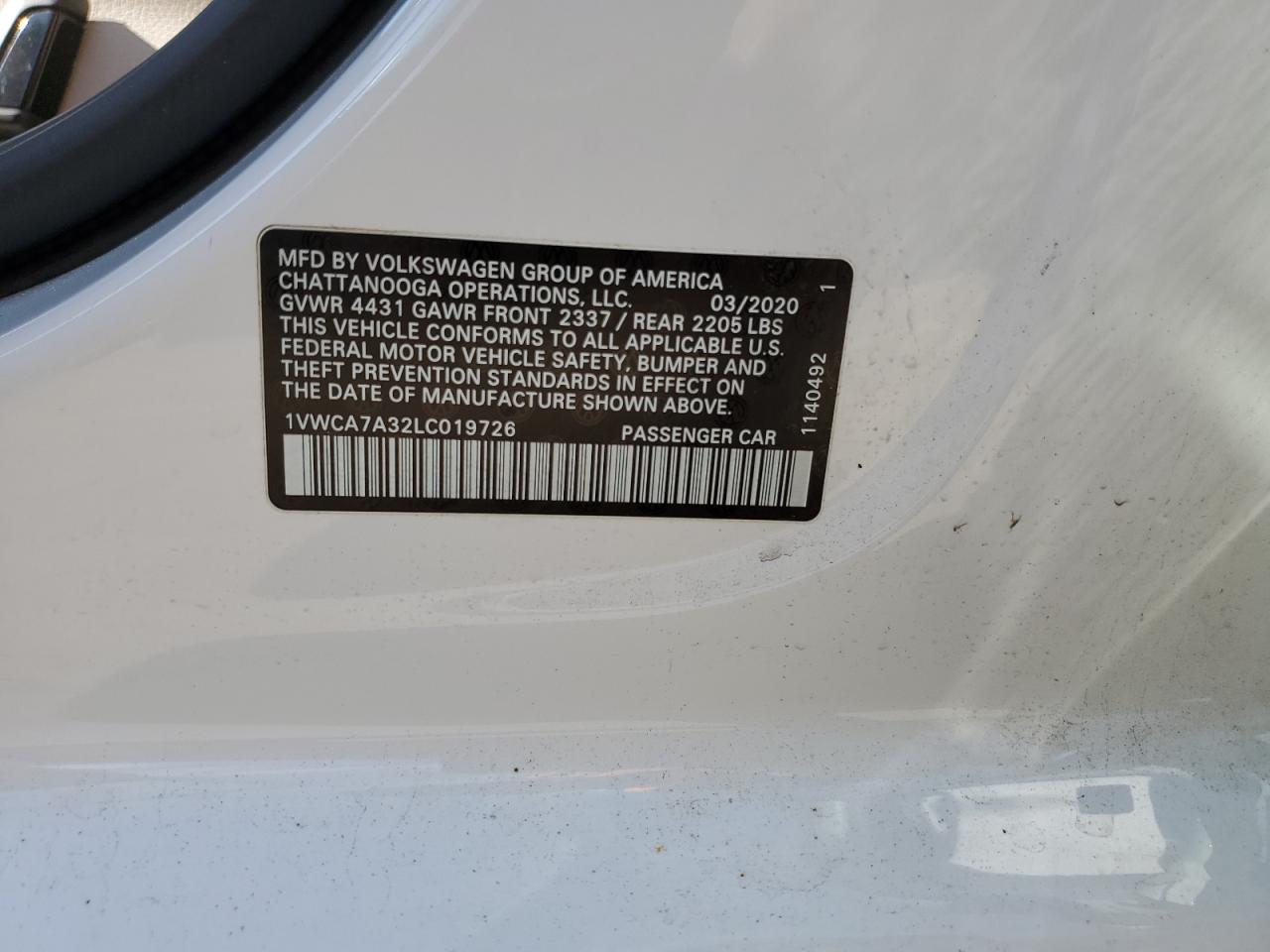 2020 Volkswagen Passat Sel VIN: 1VWCA7A32LC019726 Lot: 84890345