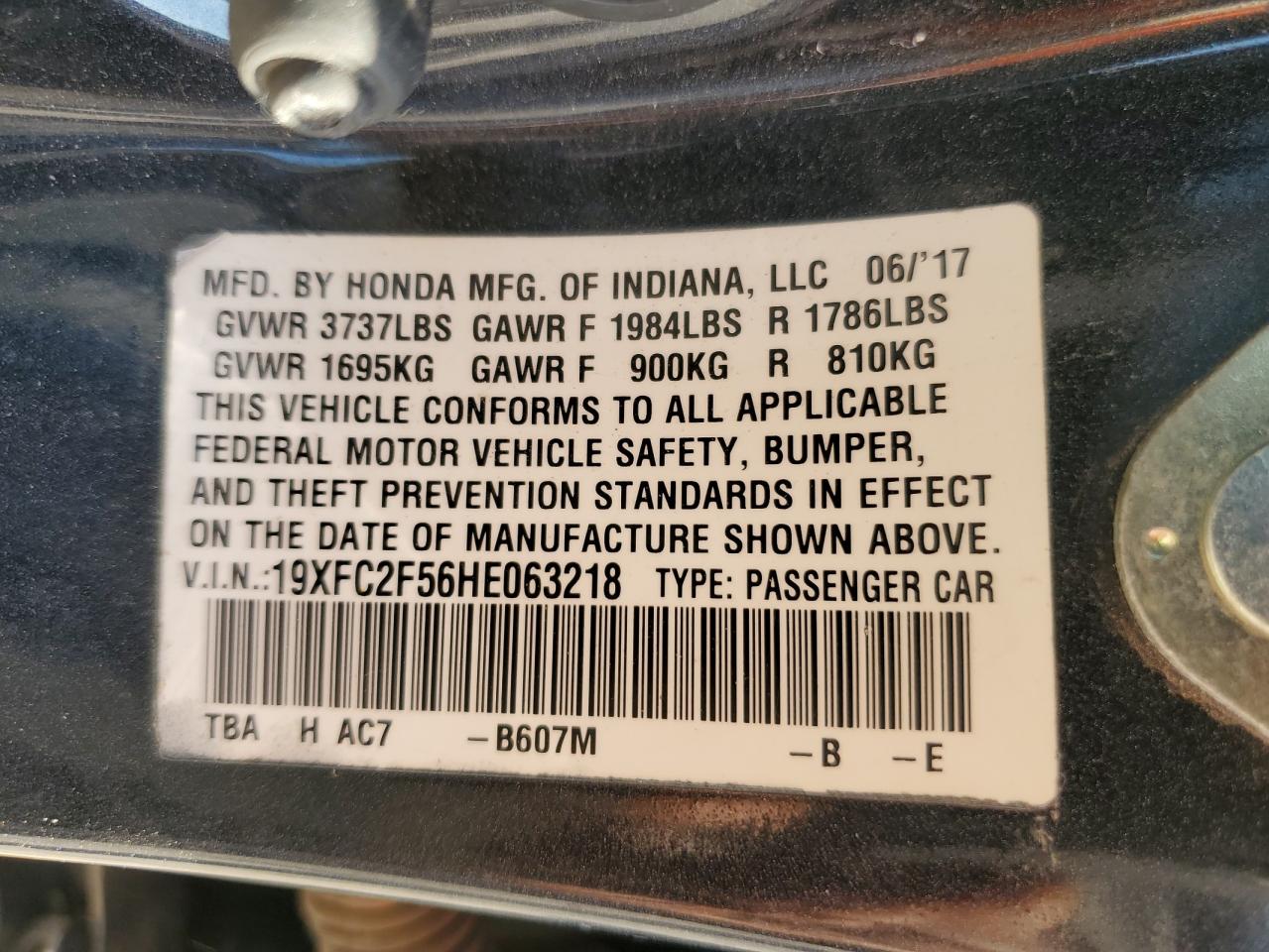 2017 Honda Civic VIN: 19XFC2F56HE063218 Lot: 82441185