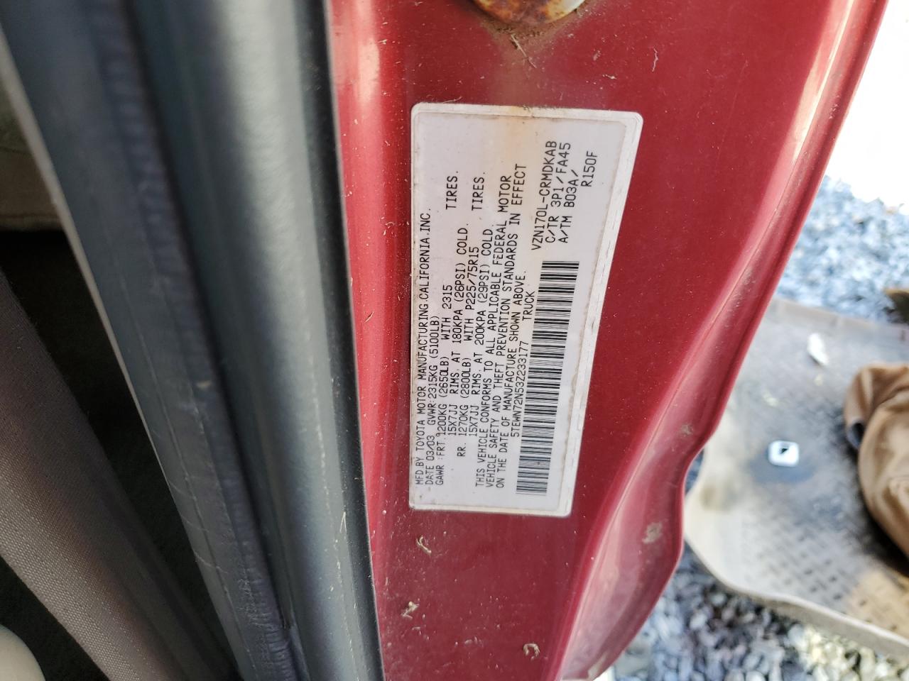2003 Toyota Tacoma Xtracab VIN: 5TEWN72N53Z233177 Lot: 89623765