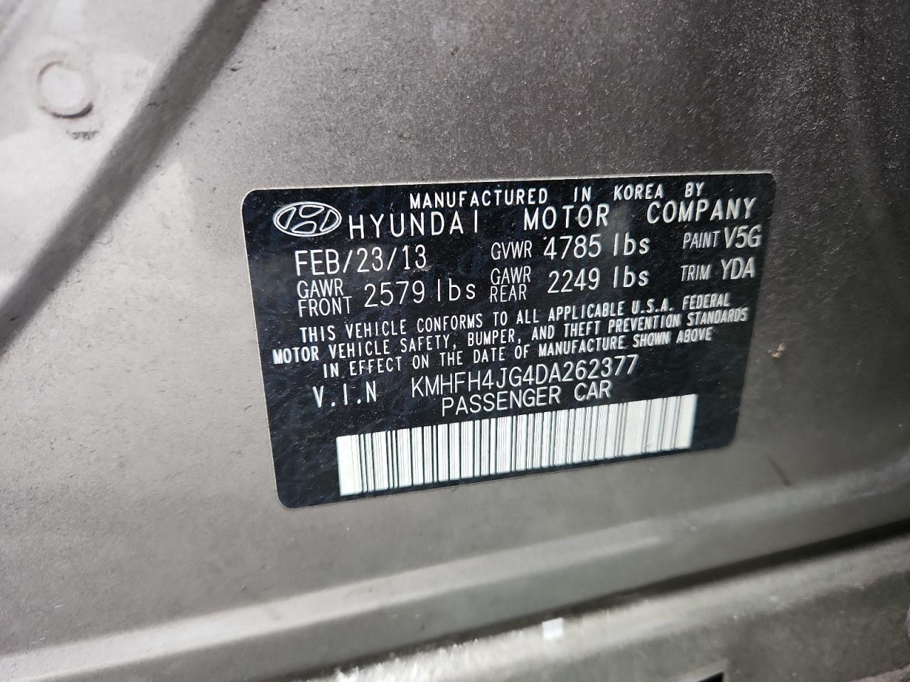 2013 Hyundai Azera Gls VIN: KMHFH4JG4DA262377 Lot: 84883585