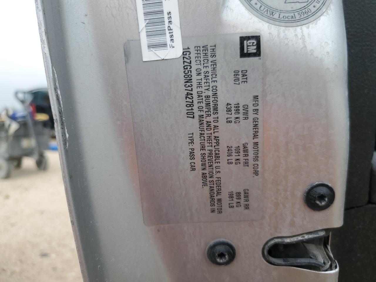 2007 Pontiac G6 Base VIN: 1G2ZG58N374278107 Lot: 82717855