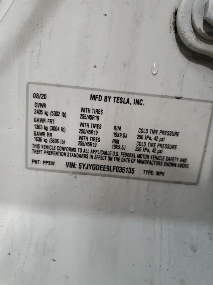 2020 Tesla Model Y VIN: 5YJYGDEE9LF035135 Lot: 87279725