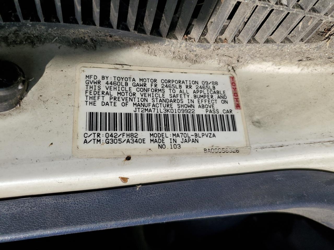 1989 Toyota Supra VIN: JT2MA71L3K0109922 Lot: 85178945