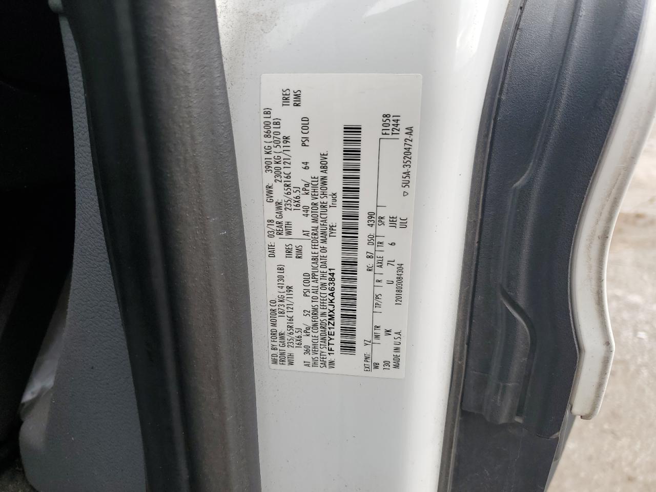 2018 Ford Transit T-150 VIN: 1FTYE1ZMXJKA63841 Lot: 86424675