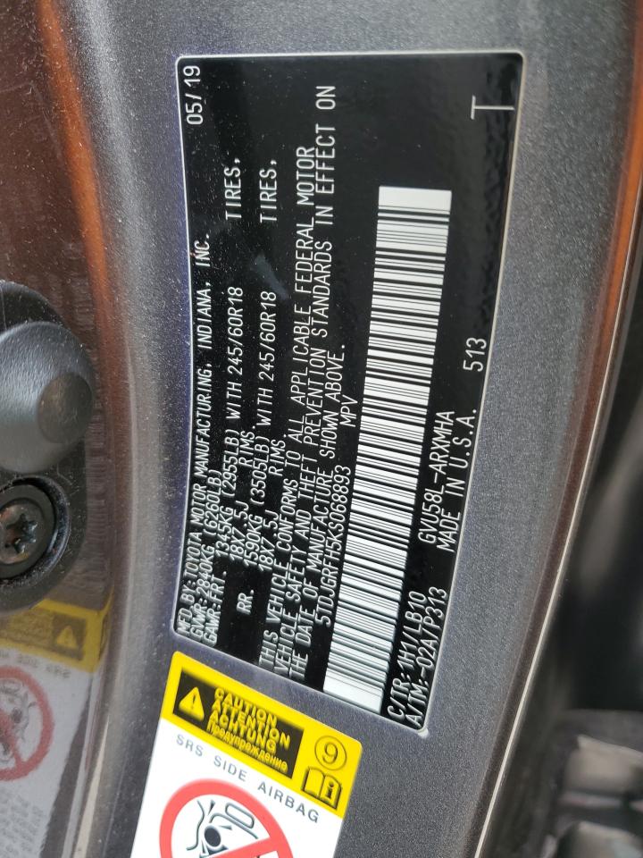 2019 Toyota Highlander Hybrid VIN: 5TDJGRFH5KS068893 Lot: 85292565