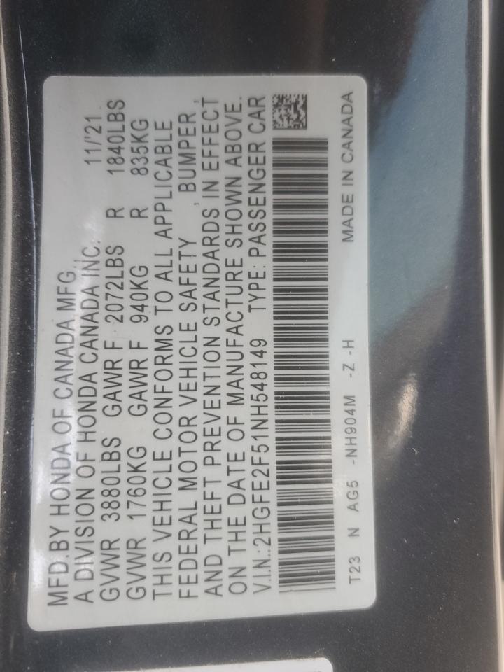 2022 Honda Civic Sport VIN: 2HGFE2F51NH548149 Lot: 84298345