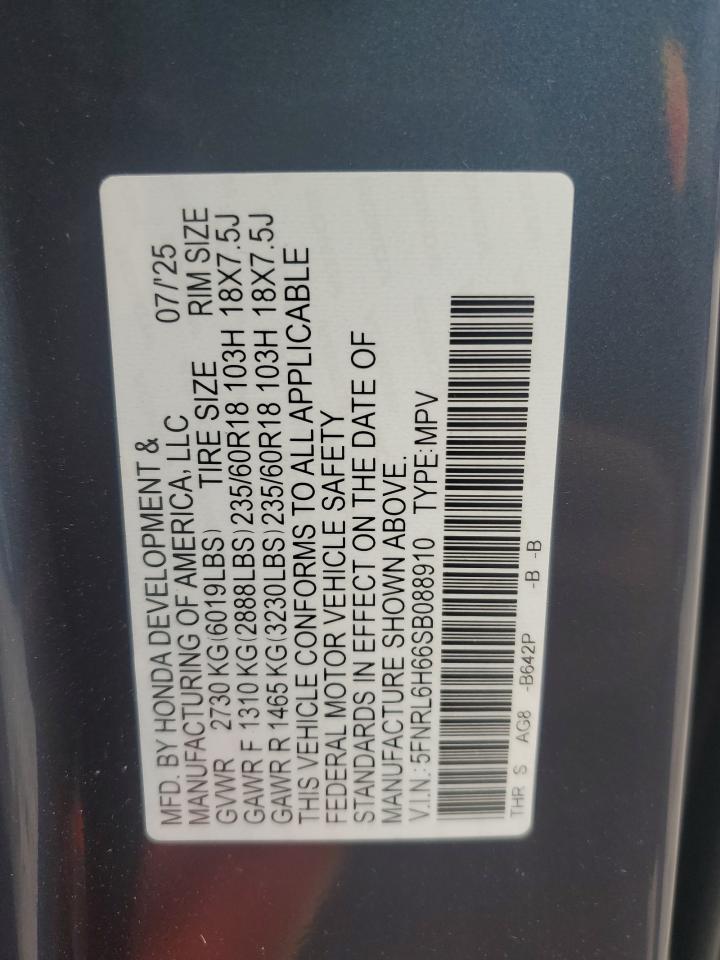 2025 Honda Odyssey Exl VIN: 5FNRL6H66SB088910 Lot: 85839895