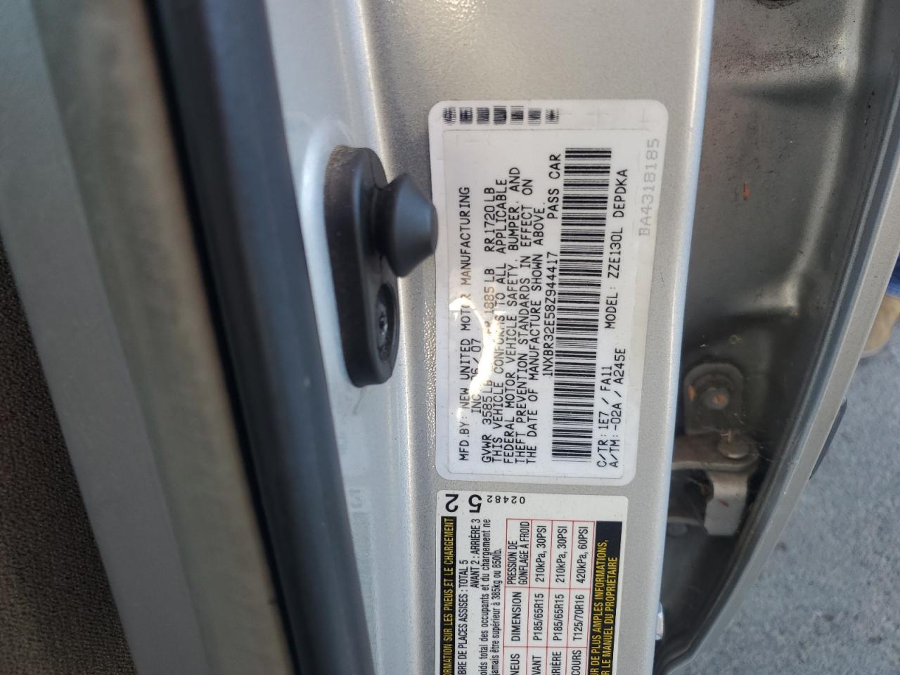 2008 Toyota Corolla Ce VIN: 1NXBR32E58Z944417 Lot: 85784485