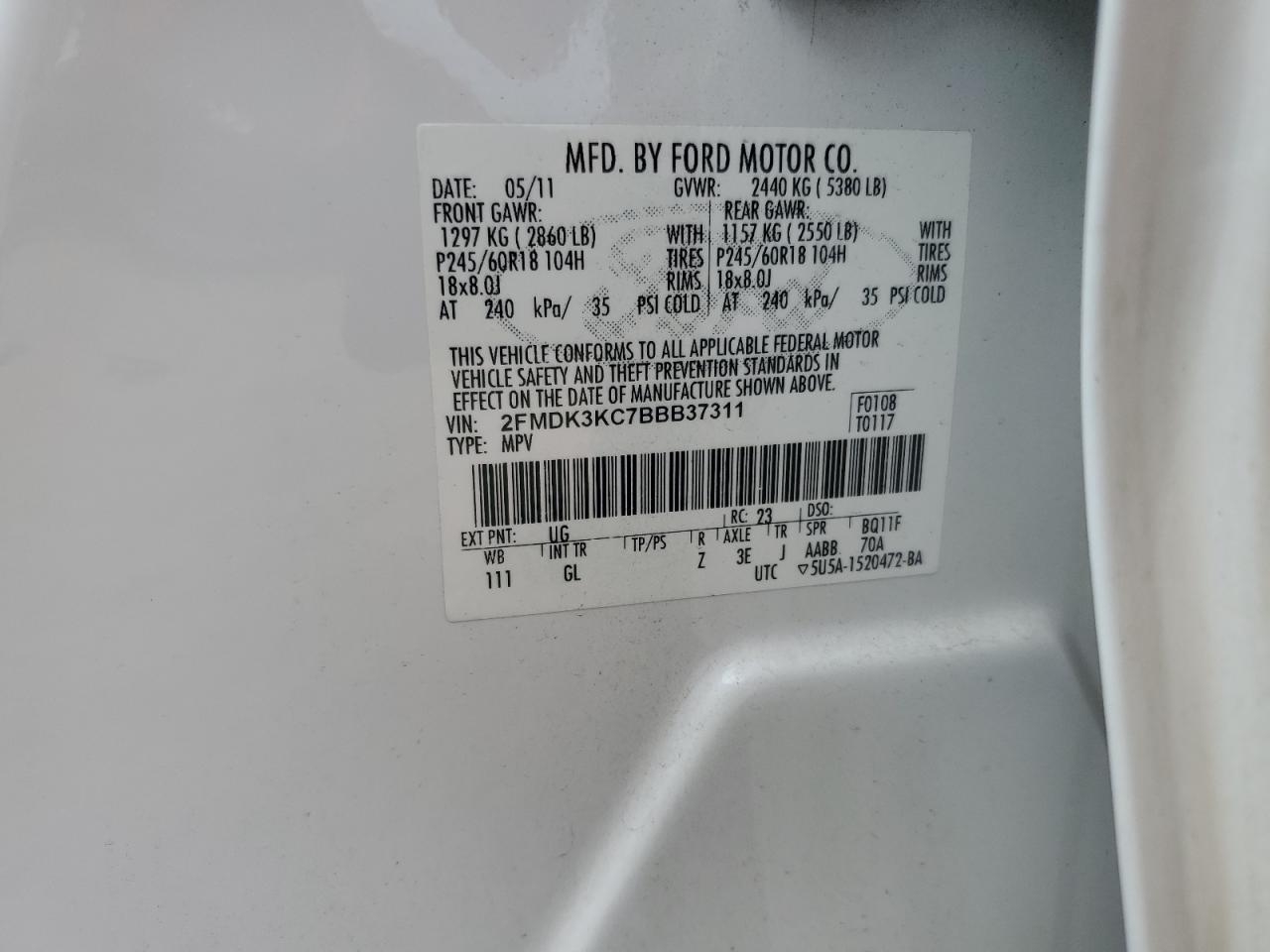 2011 Ford Edge Limited VIN: 2FMDK3KC7BBB37311 Lot: 85317205