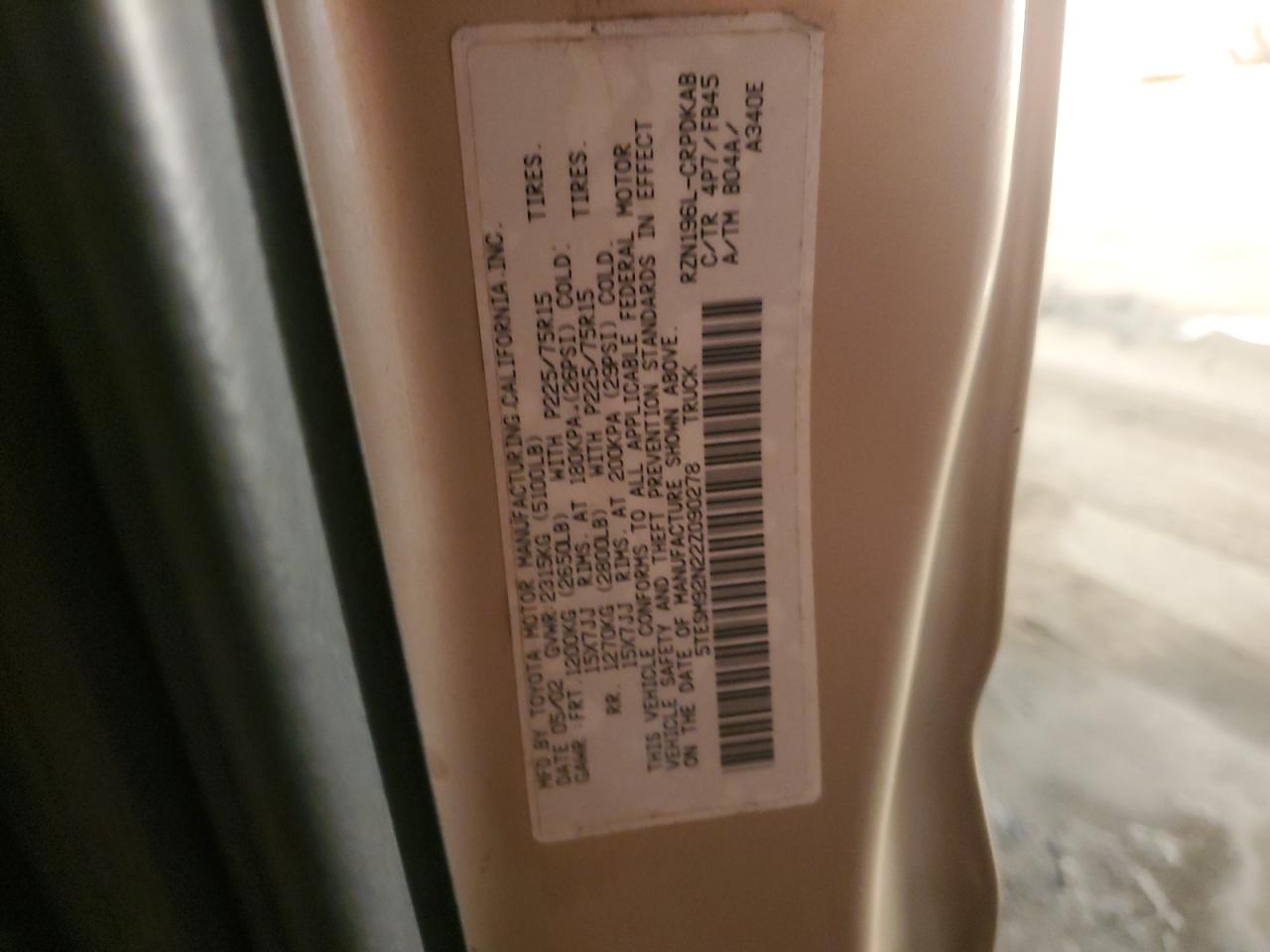 2002 Toyota Tacoma Xtracab Prerunner VIN: 5TESM92N22Z090278 Lot: 82197365