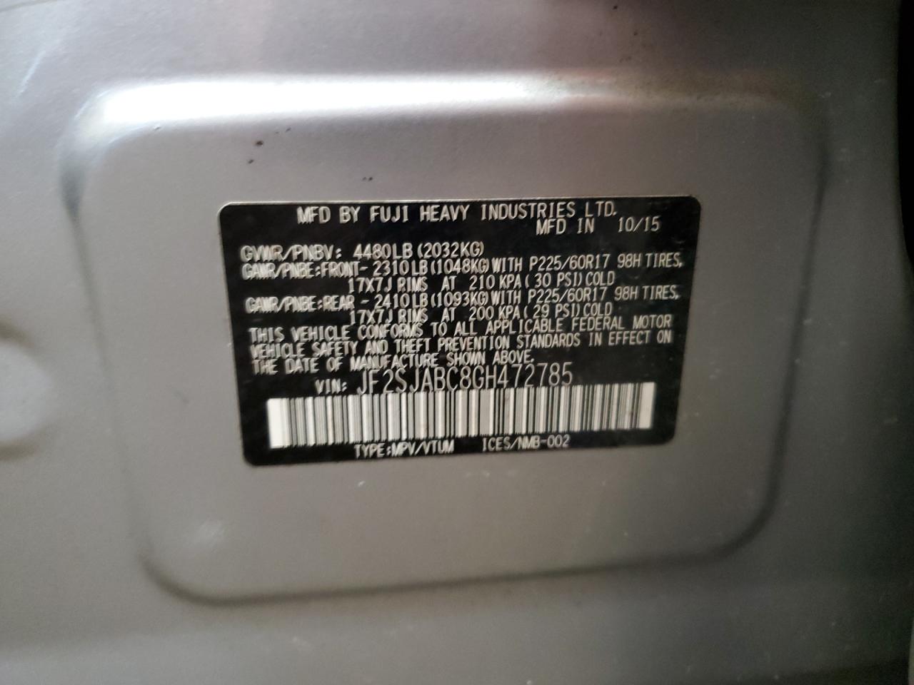 2016 Subaru Forester 2.5I VIN: JF2SJABC8GH472785 Lot: 86146495