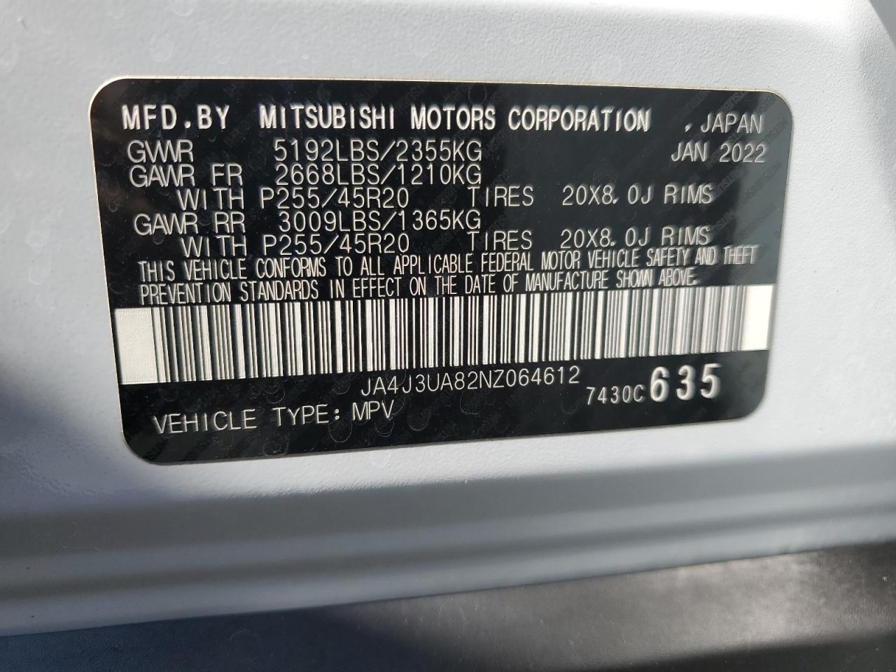 2022 Mitsubishi Outlander Se VIN: JA4J3UA82NZ064612 Lot: 85007885