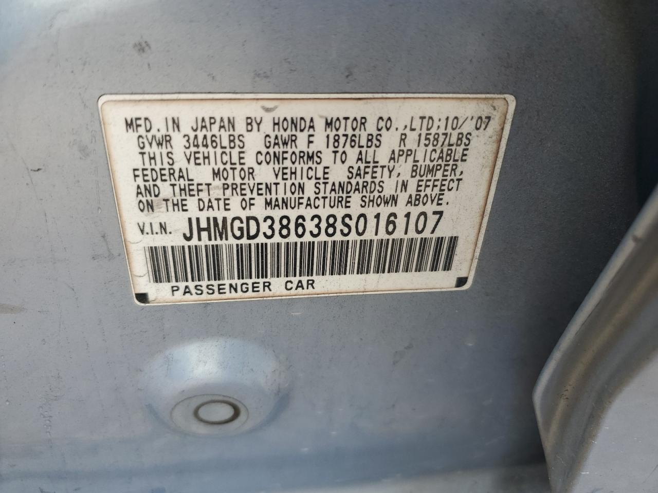 2008 Honda Fit Sport VIN: JHMGD38638S016107 Lot: 86058745