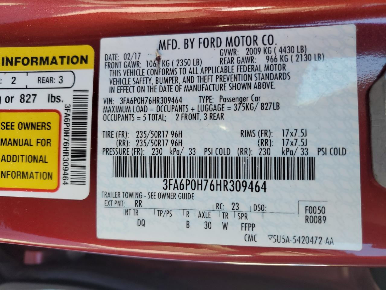 2017 Ford Fusion Se VIN: 3FA6P0H76HR309464 Lot: 82516335