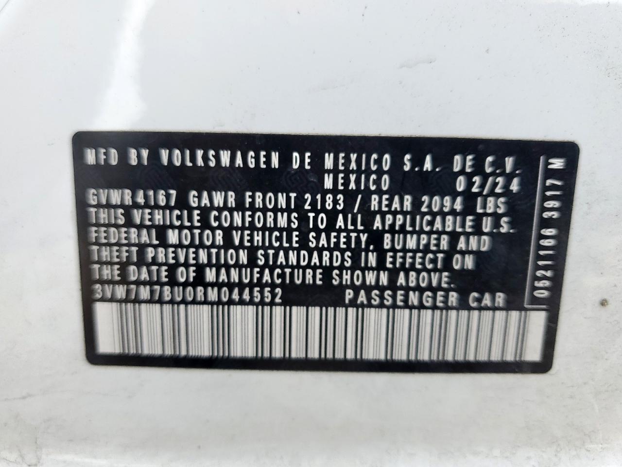 2024 Volkswagen Jetta Se VIN: 3VW7M7BU0RM044552 Lot: 82472935