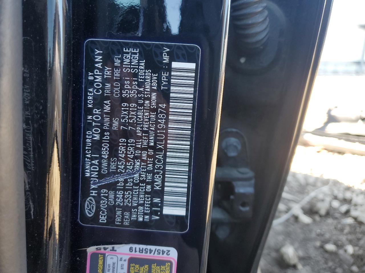 2020 Hyundai Tucson Limited VIN: KM8J3CALXLU194874 Lot: 85339665