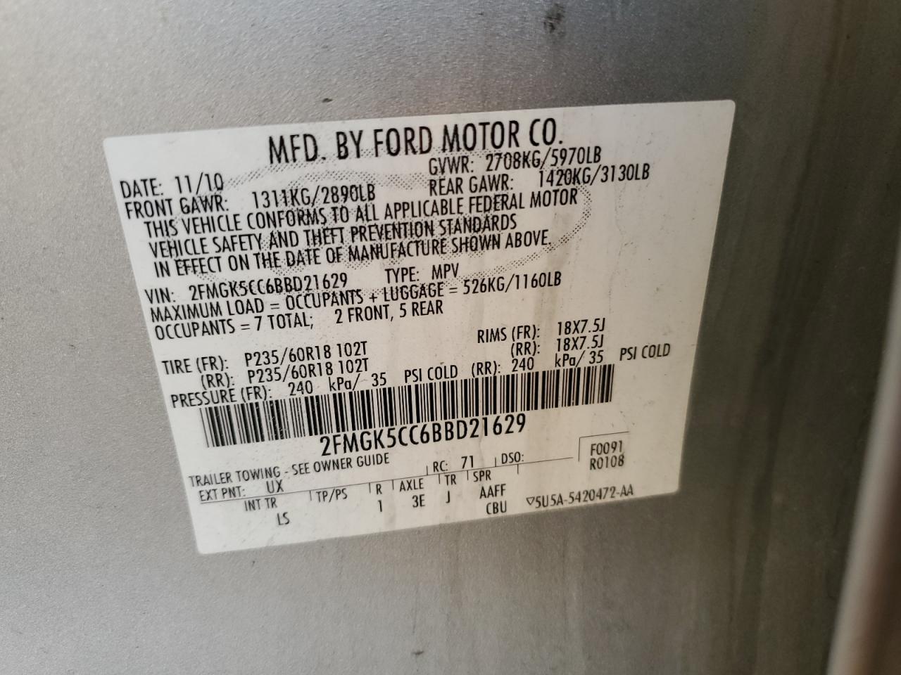 2011 Ford Flex Sel VIN: 2FMGK5CC6BBD21629 Lot: 86815585