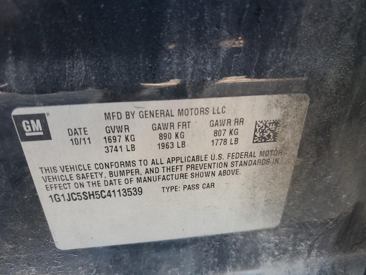 2012 Chevrolet Sonic Lt VIN: 1G1JC5SH5C4113539 Lot: 86067635