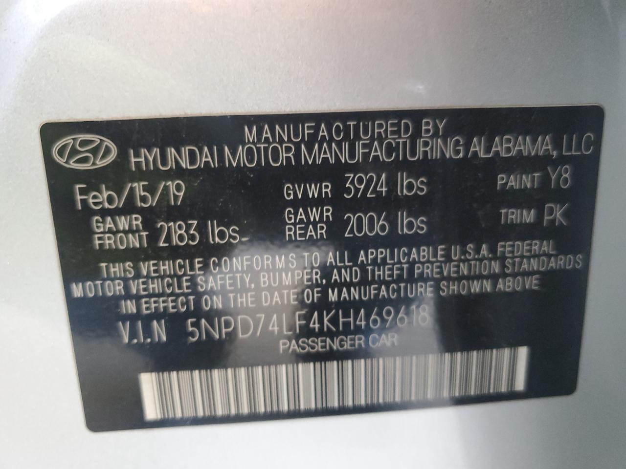 2019 Hyundai Elantra Se VIN: 5NPD74LF4KH469618 Lot: 86263935