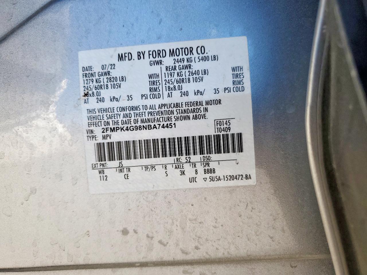 2022 Ford Edge Se VIN: 2FMPK4G98NBA74451 Lot: 89739425