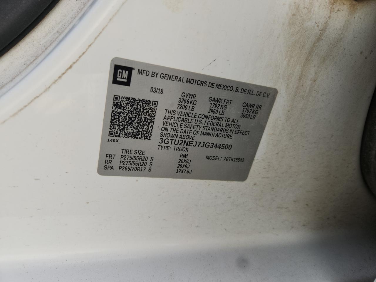 2018 GMC Sierra K1500 Slt VIN: 3GTU2NEJ7JG344500 Lot: 84961975