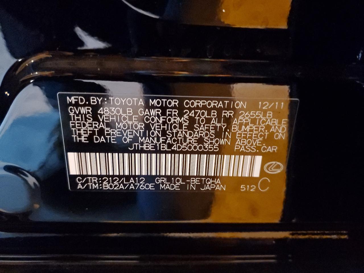 2013 Lexus Gs 350 VIN: JTHBE1BL4D5000355 Lot: 82707985