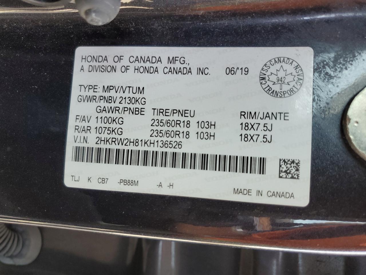 2019 Honda Cr-V Exl VIN: 2HKRW2H81KH136526 Lot: 83760965