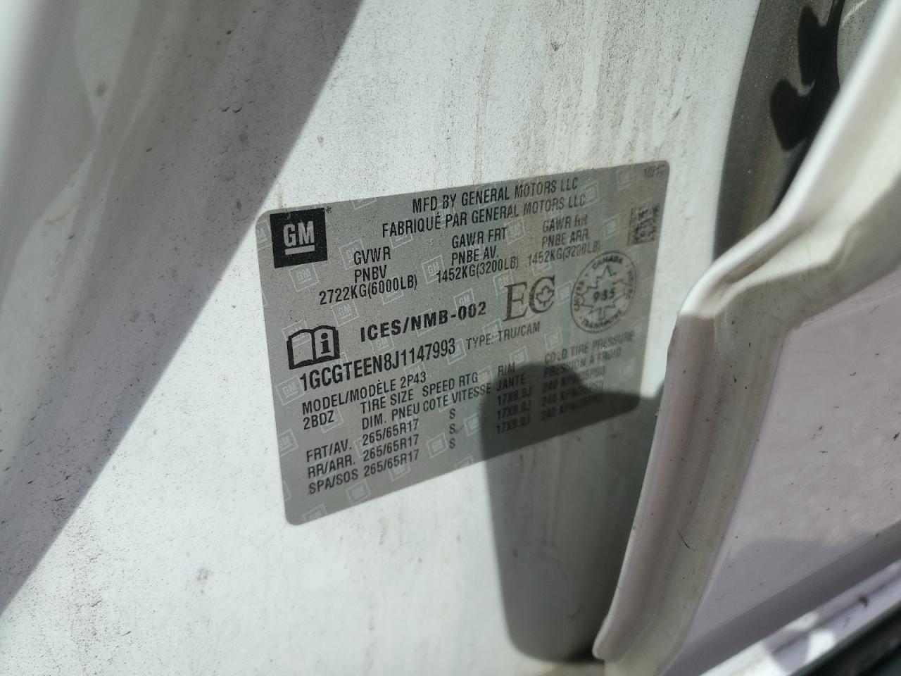 2018 Chevrolet Colorado Zr2 VIN: 1GCGTEEN8J1147993 Lot: 89459035