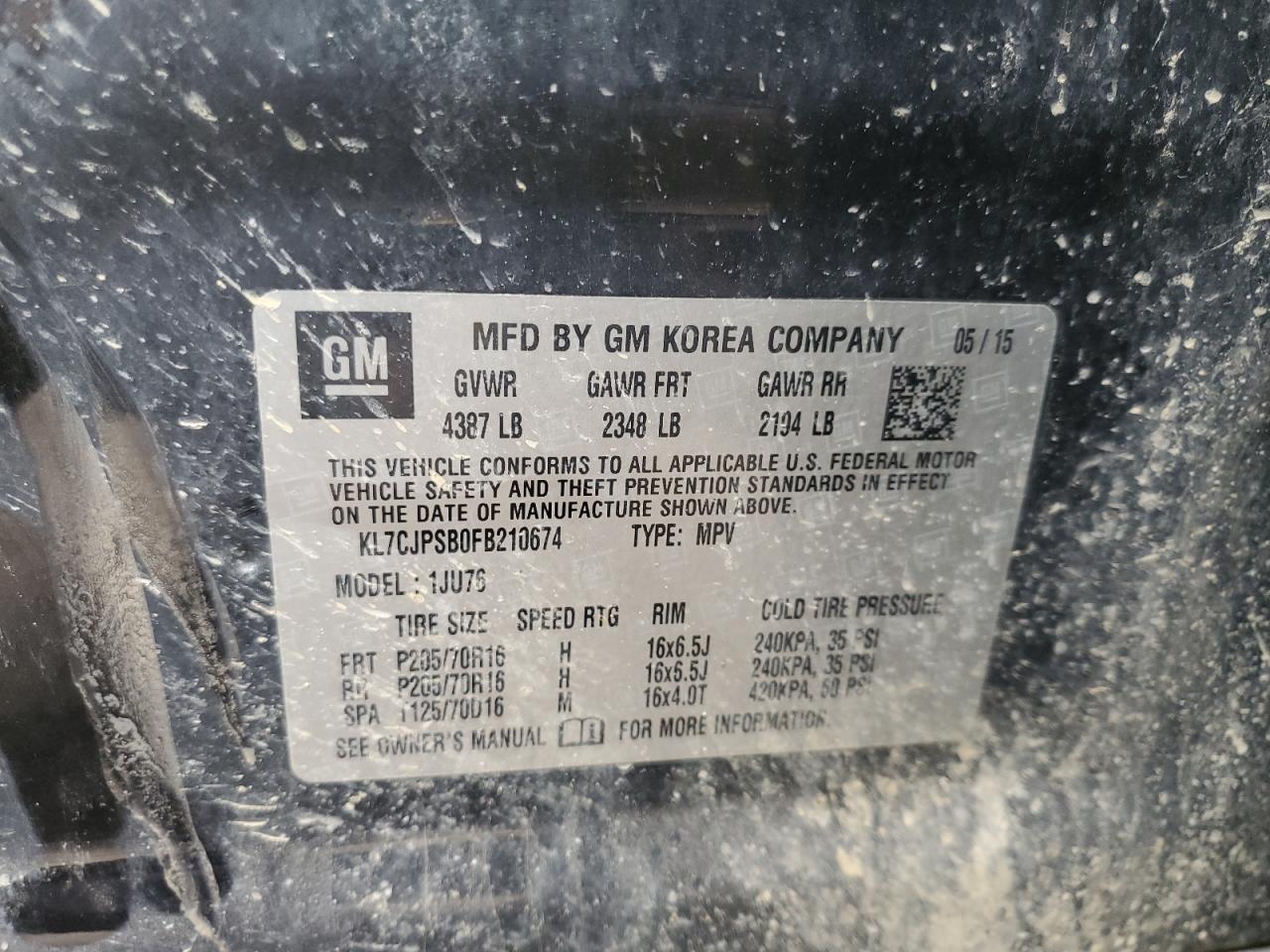 2015 Chevrolet Trax 1Ls VIN: KL7CJPSB0FB210674 Lot: 89665545