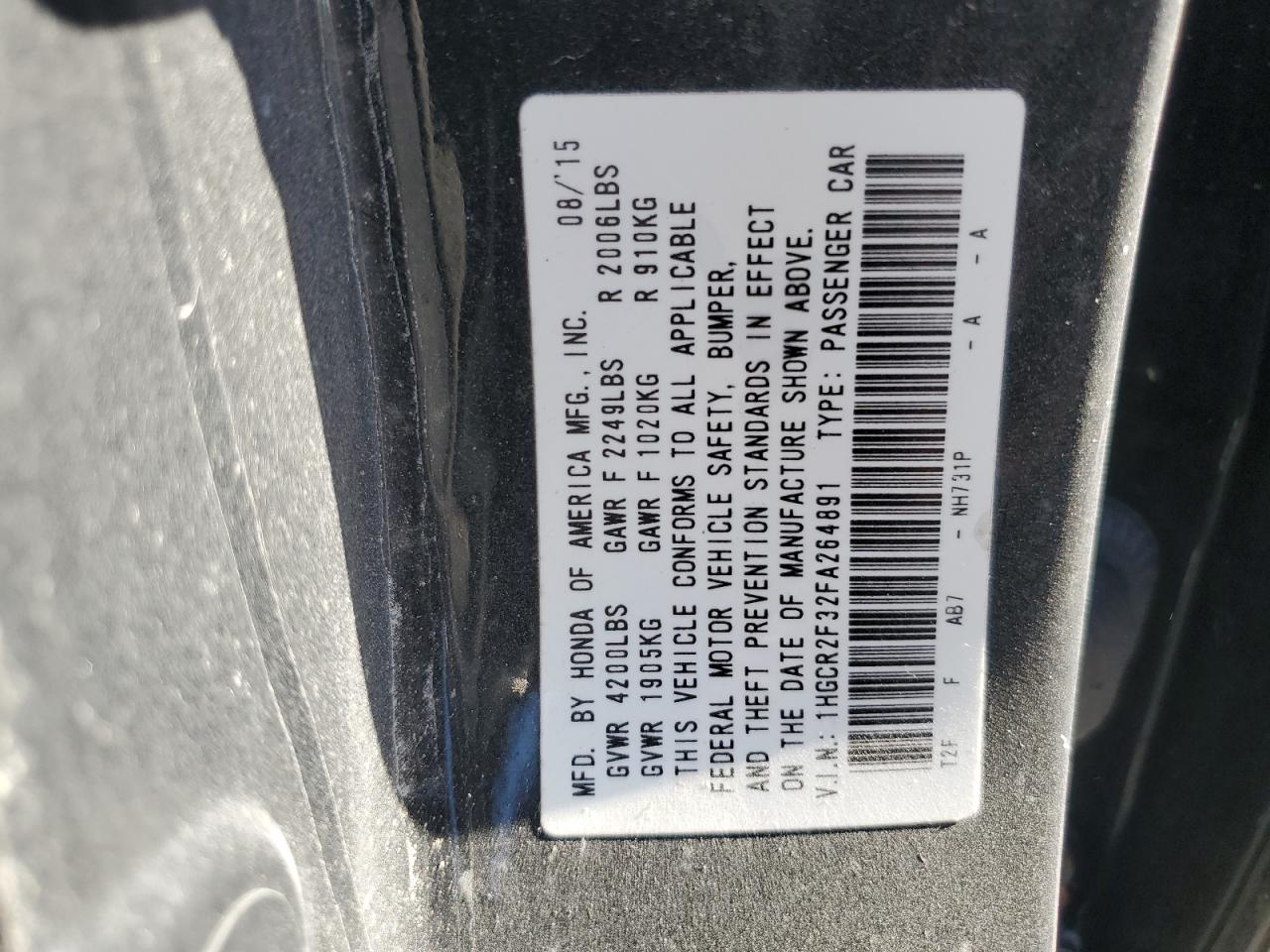 2015 Honda Accord Lx VIN: 1HGCR2F32FA264891 Lot: 84953945