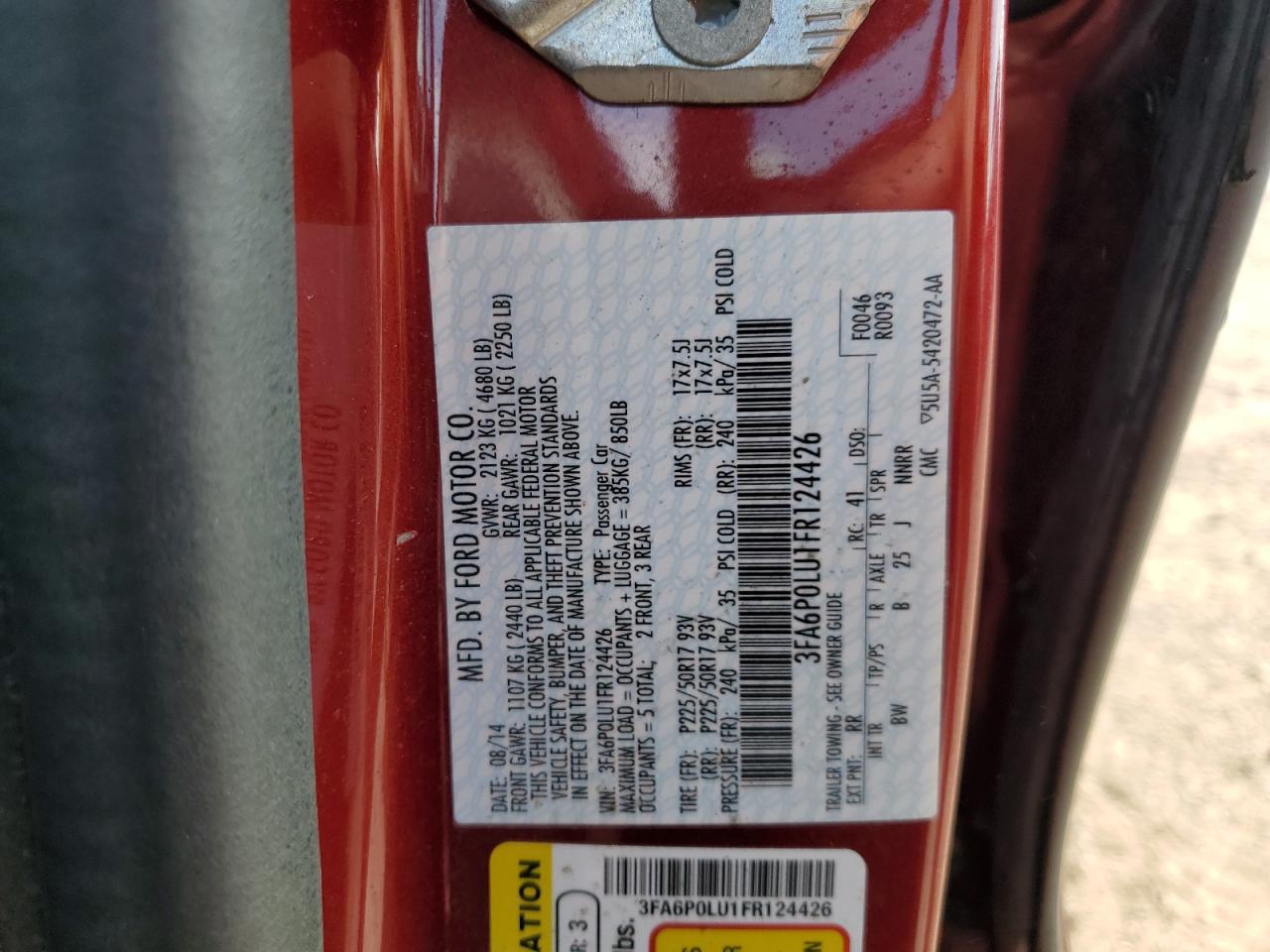 2015 Ford Fusion Se Hybrid VIN: 3FA6P0LU1FR124426 Lot: 85109695