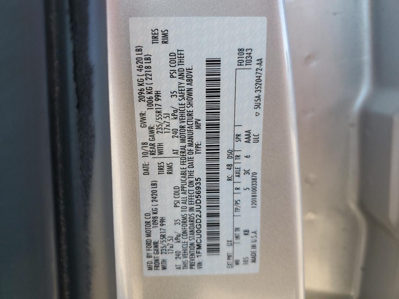 2018 Ford Escape Se VIN: 1FMCU0GD2JUD56935 Lot: 82228555