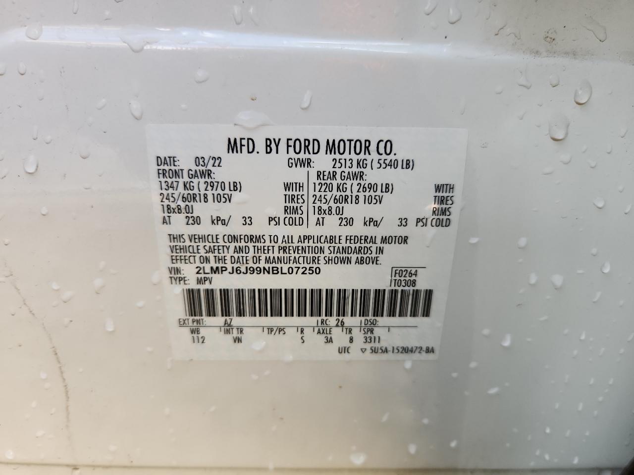 2022 Lincoln Nautilus VIN: 2LMPJ6J99NBL07250 Lot: 84918875