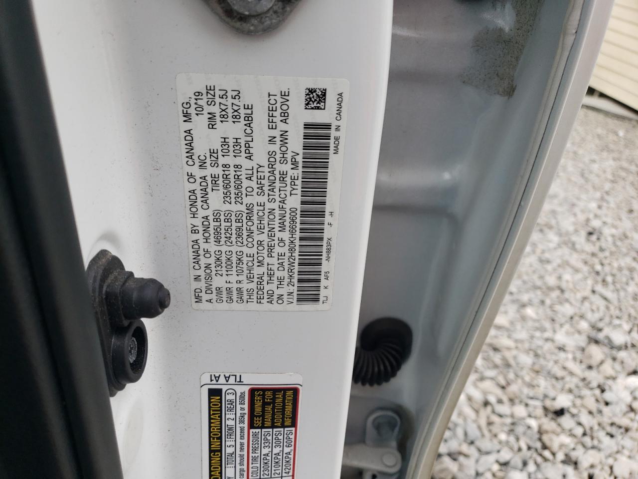 2019 Honda Cr-V Exl VIN: 2HKRW2H80KH669600 Lot: 86518185