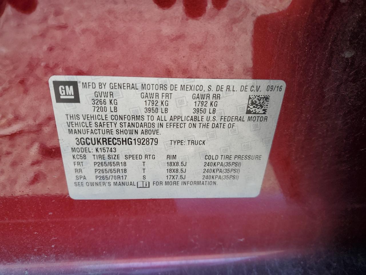 2017 Chevrolet Silverado K1500 Lt VIN: 3GCUKREC5HG192879 Lot: 84378415