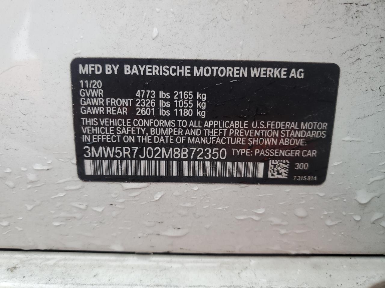 2021 BMW 330Xi VIN: 3MW5R7J02M8B72350 Lot: 90386855