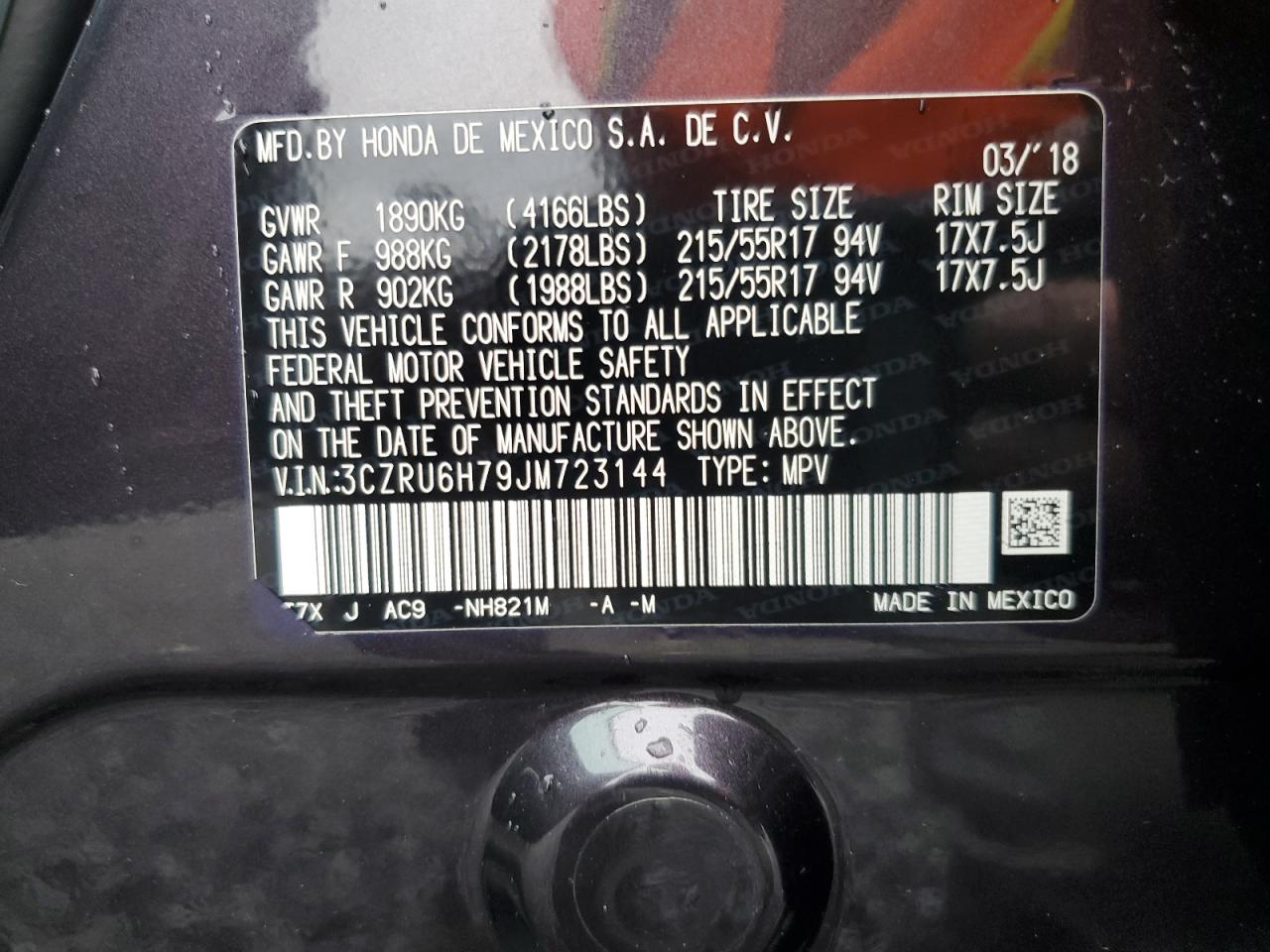 2018 Honda Hr-V Exl VIN: 3CZRU6H79JM723144 Lot: 85826615