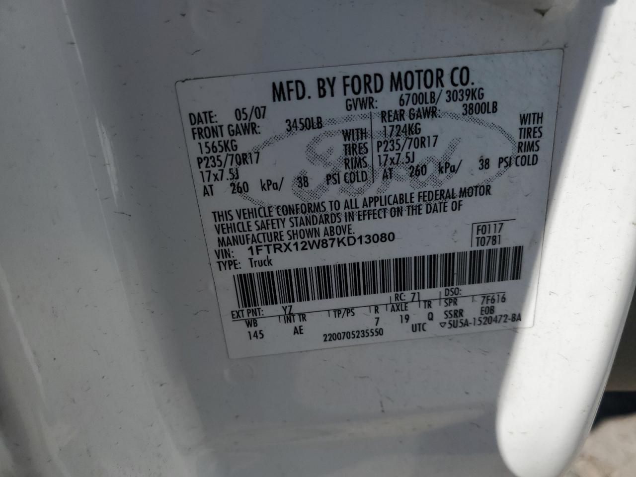 2007 Ford F150 VIN: 1FTRX12W87KD13080 Lot: 87077395