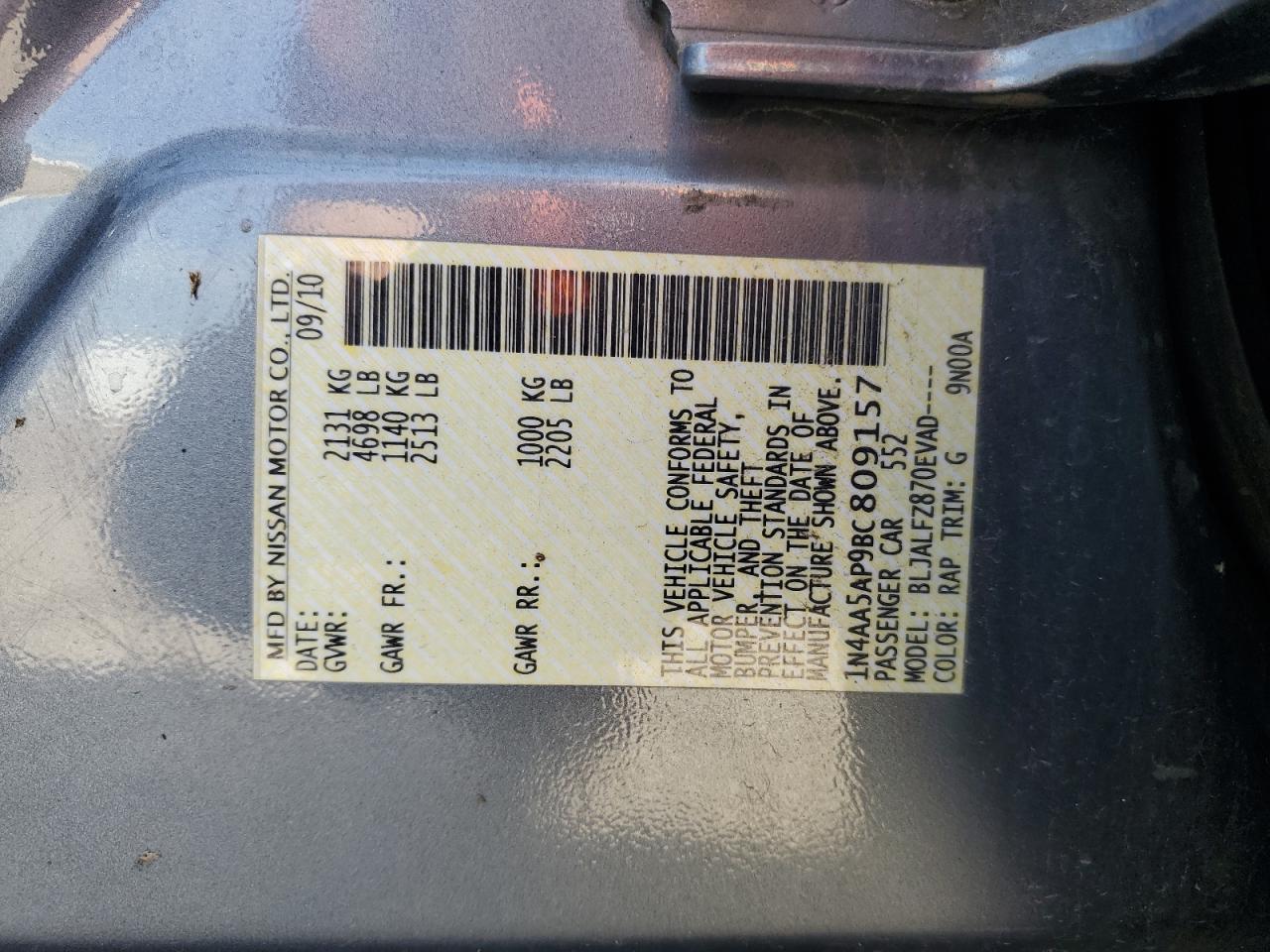 2011 Nissan Maxima S VIN: 1N4AA5AP9BC809157 Lot: 84916855