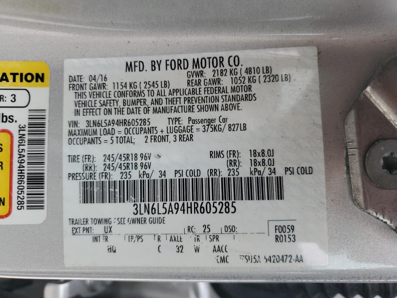 2017 Lincoln Mkz Premiere VIN: 3LN6L5A94HR605285 Lot: 87421425