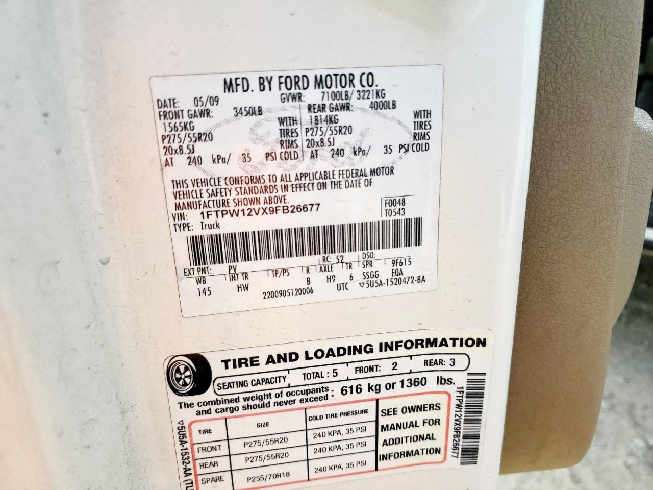 2009 Ford F150 Supercrew VIN: 1FTPW12VX9FB26677 Lot: 85324605