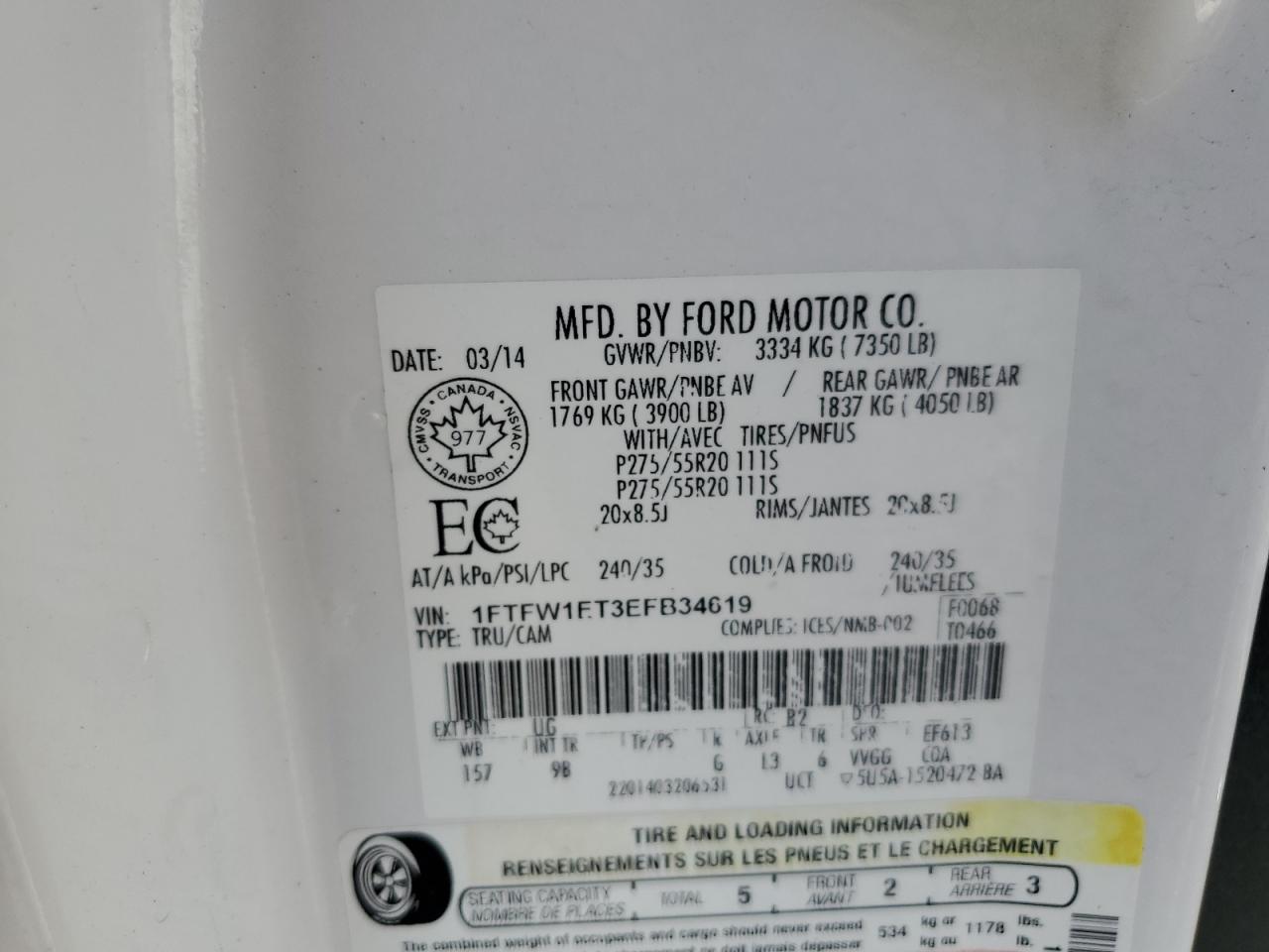 2014 Ford F150 Supercrew VIN: 1FTFW1ET3EFB34619 Lot: 90336365