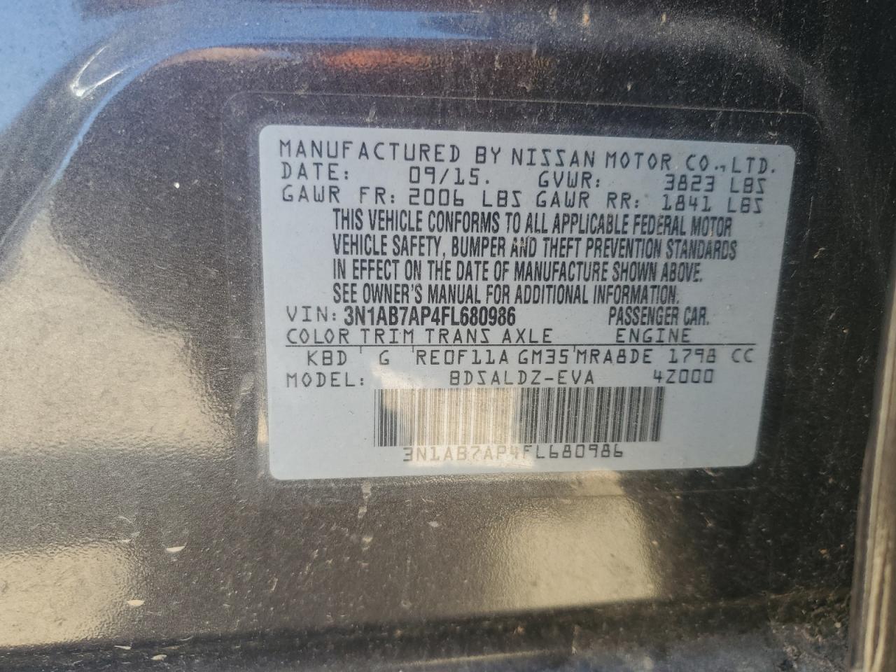 2015 Nissan Sentra S VIN: 3N1AB7AP4FL680986 Lot: 85174535