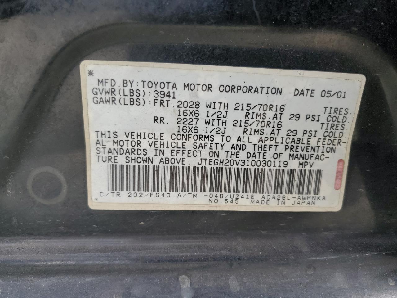 2001 Toyota Rav4 VIN: JTEGH20V310030119 Lot: 86119315