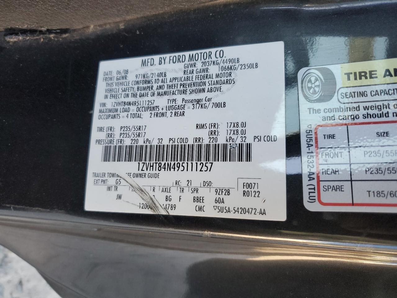 2009 Ford Mustang VIN: 1ZVHT84N495111257 Lot: 82715975