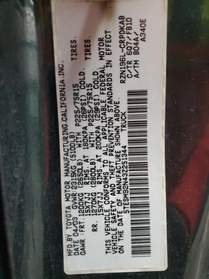 2003 Toyota Tacoma Xtracab Prerunner VIN: 5TESM92N43Z251344 Lot: 86184425