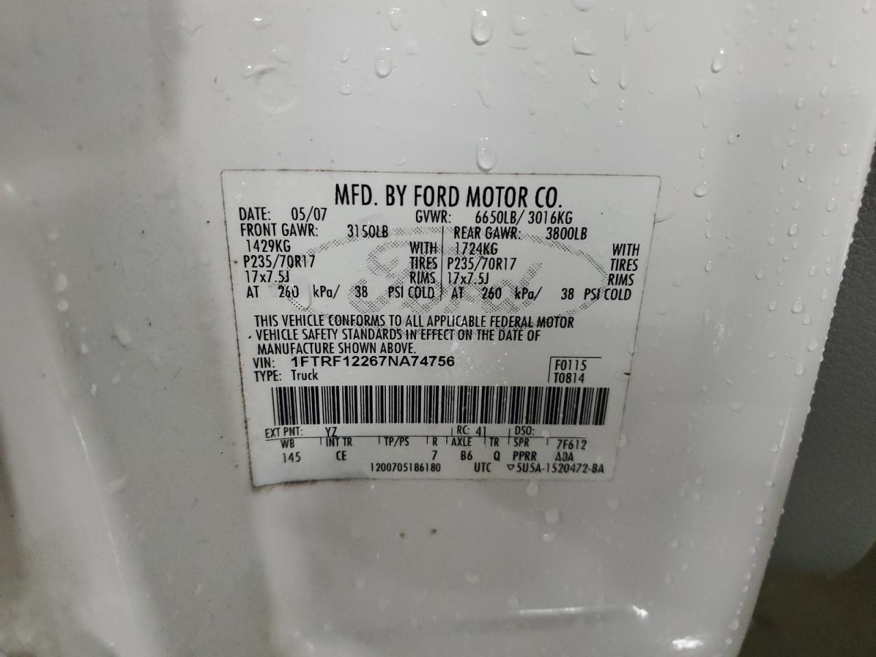 2007 Ford F150 VIN: 1FTRF12267NA74756 Lot: 85821275